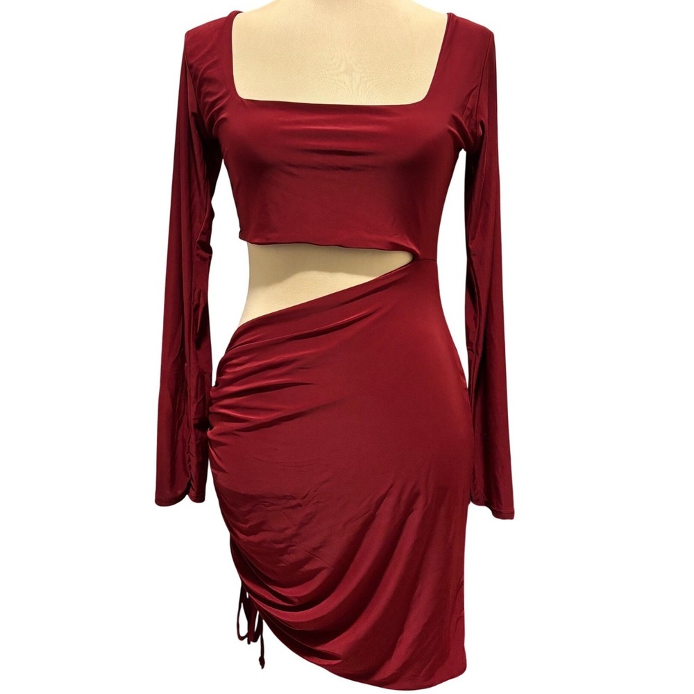 PrettyLittleThing Mini Dress L/12 Burgundy Long Sleeve Cutout Ruched Slinky